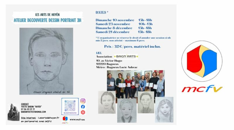 Ateliers d’initiation au dessin de portraits par Huyên en partenariat avec le MCFV à Bagneux (92) en novembre 2024 et avant