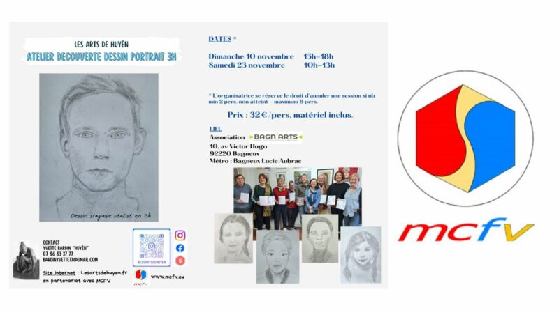 Ateliers d’initiation au dessin de portraits par Huyên en partenariat avec le MCFV à Bagneux (92) en novembre 2024 et avant